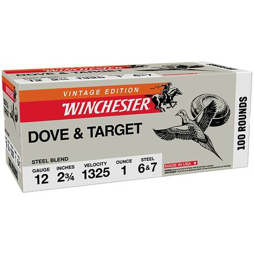 Winchester Dove & Target Steel Blend Vintage Edition 12 Gauge 2.75in #6 Ammo - #7 1oz Target Shotshells Ammo - 100 Rounds Ammo - #6-7 #7 1oz Target Shotshells - 100 Rounds - #6-7 Ammo