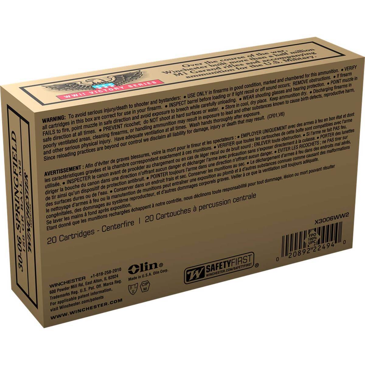 Winchester WWII Victory Series 30-06 Springfield 150 Grain Ball M2 Rifle Ammo - 20 Rounds Winchester WWII Victory Series 30-06 Springfield 150 Grain Ball M2 Rifle Ammo - 20 Rounds