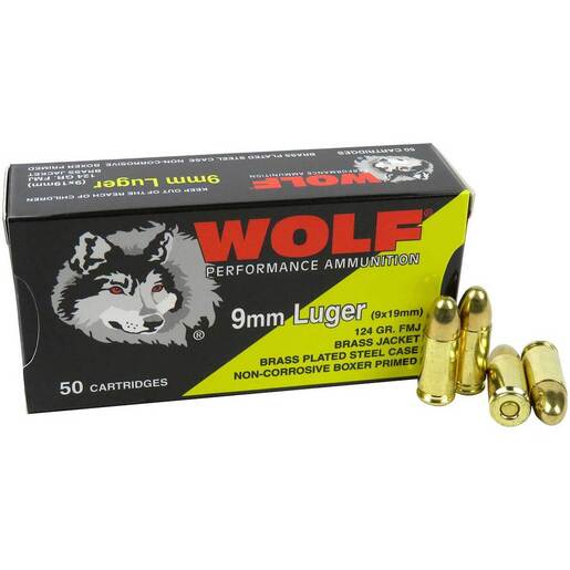 Wolf Ammo 9mm Luger 124gr FMJ Brass Plated Steel Case Pistol Ammo â 50 Rounds