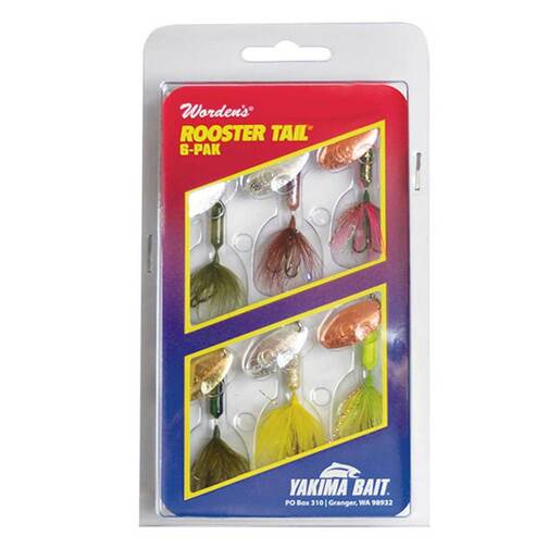 Yakima Bait Co. Worden’s Rooster Tail Trophy Pak -Single Blade Inline Spinner – 6ct – Chartreuse/Chrome Whitetail/ Fire Tiger/ Lime Chartreuse/