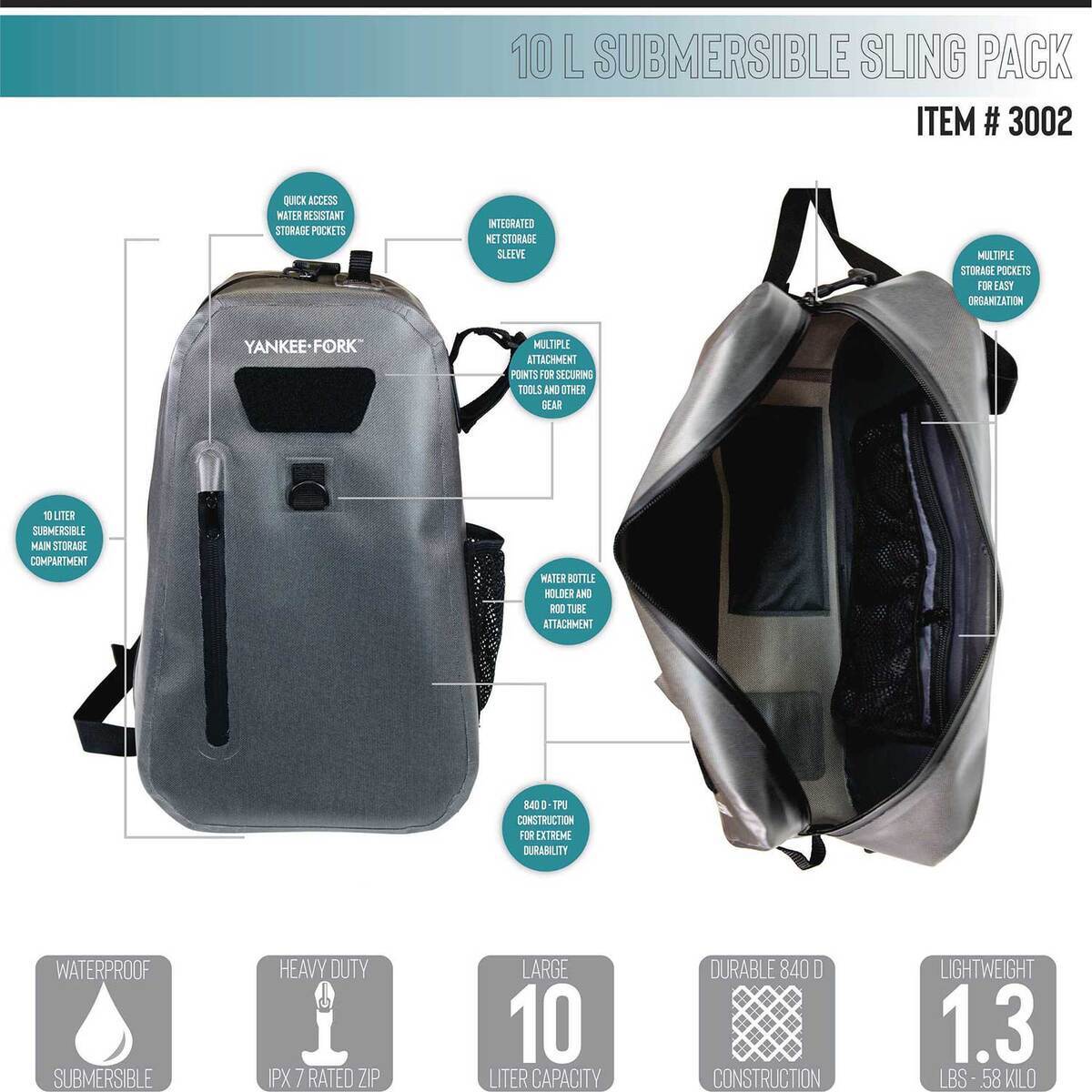 Yankee Fork Submersible Waterproof Fishing Sling Pack - 10L - Grey 10L Yankee Fork Submersible Waterproof Fishing Sling Pack - 10L - Grey 10L