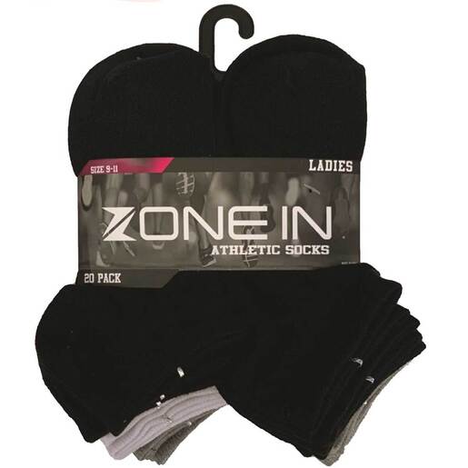 Zone In Women's Athletic Casual 20 Pack Ankle Socks - Black/White/Grey M